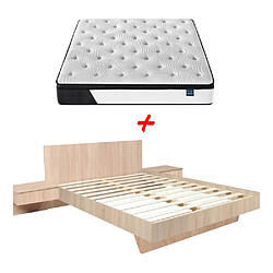 Le Quai Des Affaires Lit COOL 140x190 cm + 2 chevets + sommier + matelas CASSIE / Décor Chêne blanchi