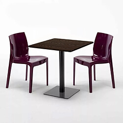 Avis Grand Soleil Table carrée 60x60 pied noir et plateau bois avec 2 chaises colorées Ice Kiss - Pourpre