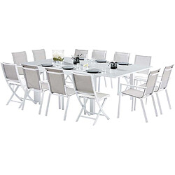 Wilsa Garden Ensemble WHITESTAR 8/12p en aluminium blanc et verre blanc avec 8 fauteuils et 4 chaises pliantes en aluminium et textilène