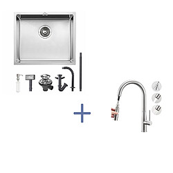 Auralum MAX Évier de Cuisine Inox 1 Bac 50*43*18CM avec Distributeur de Savon+Mitigeur Cuisine,avec Douchette Extractible,2 Modes,Eau Froide/Chaude,Brossé