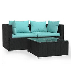 vidaXL Salon de jardin 3 pcs avec coussins Noir Résine tressée