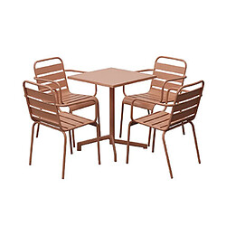 Mes Ensemble table jardin carrée + 4 fauteuils en métal terracotta - BACA