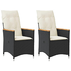 vidaXL Chaises inclinables de jardin lot de 2 et coussins noir rotin