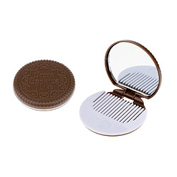 Miroir de maquillage 2 plis rond compact avec peigne poche biscuit taille marron mignon pas cher