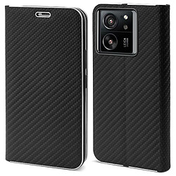 Moozy Étui portefeuille pour Xiaomi 13T / 13T Pro, Black Carbon - Étui à rabat avec bordure métallique, fermeture magnétique, porte-cartes et fonction béquille