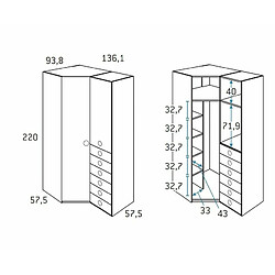 Inside 75 Armoire d'angle pan-coupé 2 portes 6 tiroirs droite 136,1 x 93,8 x 220 cm finition chêne blanchis