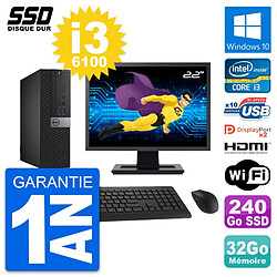 PC Dell 7040 SFF Ecran 22" Core i3-6100 RAM 32Go SSD 240Go HDMI Windows 10 Wifi - Occasion