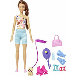 Mattel Barbie Coffret Bien-Être Barbie Fait du Sport, poupée mannequin brune articulée avec chiot, accessoires, roller, tennis, Jouet Enfant, Dès 3 ans, HKT91