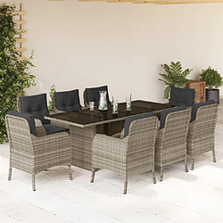 Maison Chic Ensemble à manger d'extérieur 9 pcs avec coussins,Salon de jardin,Mobilier de jardin gris clair rotin -GKD379766