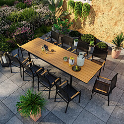 Avril Paris Table de jardin extensible aluminium noir 200/300cm + 10 fauteuils empilables textilène - MARCEAU 