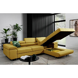 Avis VENESETTI Canapé d'angle convertible ARMEL en tissu luxe 5 places, jaune moutarde, avec coffre, angle droit (vu de face)