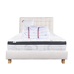 LUXURY LITERIE Ensemble matelas Sleeplux 90x190 cm + sommier beige ep20cm + oreiller + couette + Tête de Lit