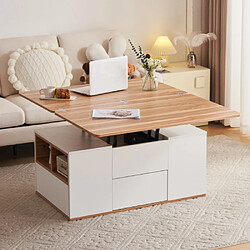 ComfortXL Table Basse Multifonction Pratique - Plateau Se Transforme En 2 Tables, Blanc + Couleur Bois D'origi