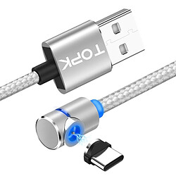 Wewoo Câble de charge magnétique coudé à 90 degrés USB avec connexion USB / USB-C / Type-C max. 2A indicateur LED Argent