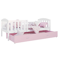 Kids Literie Lit Enfant Teo 90x190 Blanc - rose Livré avec sommiers, tiroir et matelas en mousse de 7cm