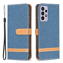 Etui en PU texture jeans, couleur contrastée avec support et sangle bleu marine pour votre Samsung Galaxy A73 5G