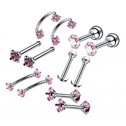 12pcs acier inoxydable couleur bijoux rose piercing nez ongles zircon pas cher