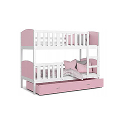 Kids Literie Lit Superposé 3 Places Tomy 90x190 Blanc - rose Livré avec sommiers, tiroir et matelas en mousse de 7cm