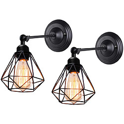 STOEX Lot de 2 Applique Murale Industrielle Lampe de Murale Vintage Cage Design Diamant Abat-jour E27 Lumière en Métal Noir - Bras tout droit,Rotation