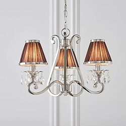 Interiors 1900 Chandelier Oksana, nickel poli, pampilles cristal, 3 abat-jours chocolat