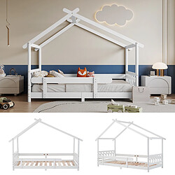 KOMHTOM Lit Cabane Pour Enfants Et Adolescents - 200 X 90 cm - Bois Massif Avec Grille Et Sommier À Lattes - Protection Antichute - Blanc pas cher