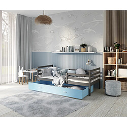 Kids Literie Lit Enfant Milo 90x190 Gris - bleu Livré avec sommiers, tiroir et matelas en mousse de 7cm