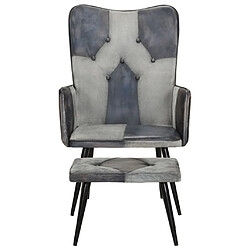 Maison Chic Fauteuil et repose-pieds,Fauteuil luxe pour relax Gris Cuir véritable et toile -MN45853