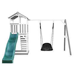 AXI Beach Tower Aire de Jeux BLANC avec Toboggan en VERT, Balançoire Nid d'oiseau Noir & Bac à Sable | Grande Maison Enfant extérieur en Gris & BLANC | Cabane de Jeu en Bois FSC