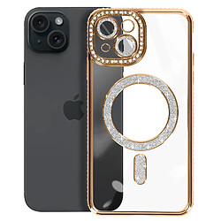 Avizar Coque Diamant pour iPhone 15 Protection MagSafe Contour Strass Dorée