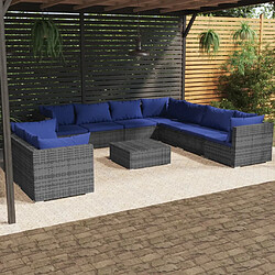 vidaXL Salon de jardin 10 pcs avec coussins Gris Résine tressée