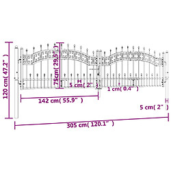 vidaXL Portail et sommet de lance Noir 305x120 cm Acier enduit poudre pas cher