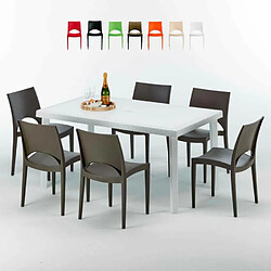 Table Rectangulaire Blanche 150x90cm Avec 6 Chaises Colorées Grand Soleil Set Extérieur Bar Café Paris Summerlife, Couleur: Marron