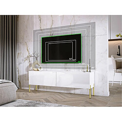 3XELIVING Meuble TV en couleur Blanc mat / Blanc brillant avec pieds droits en or, D: l : 140 cm, H : 52 cm, P : 32 cm pas cher