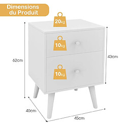 Acheter Helloshop26 Table de chevet table de nuit à 2 tiroirs en bois d’hévéa massif de style moderne 45 x 40 x 62 cm blanc 20_0009406