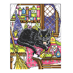 Kit de Point de Croix Imprimé Motif de Chat Noir Imprimé Broderie 11CT 28 x 38cm