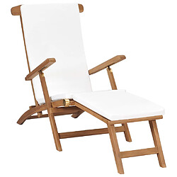 Helloshop26 Transat chaise longue bain de soleil lit de jardin terrasse meuble d'extérieur avec coussin blanc crème bois de teck solide 02_0012304