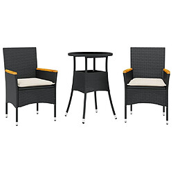 vidaXL Ensemble à manger de jardin et coussins 3 pcs noir rotin verre