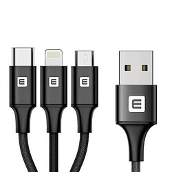 Evelatus LTM01 Câble de données et de chargement tressé en nylon 3 en 1 Éclairage Type-C Micro 1 m USB Noir