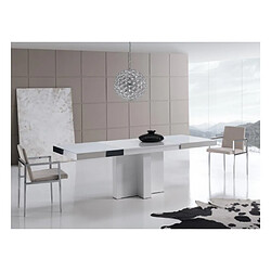 Inside 75 Table repas extensible TOTEM 10 couverts 160/254x90cm pied bois plateau verre blanc