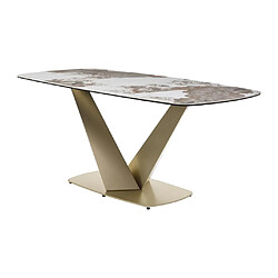 Avis Vente-Unique Table à manger 6 personnes en céramique, verre trempé et métal doré - Effet marbre blanc et gris - PORELIMA de Maison Céphy