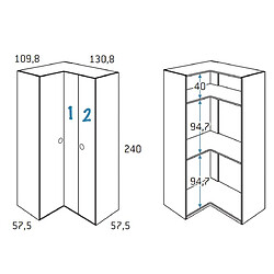 Inside 75 Armoire d'angle équerre porte droite pliante 130,8 x 240 cm finition chêne blanchis intérieur double