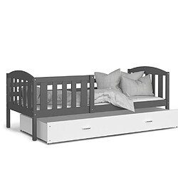 Kids Literie Lit Enfant Teo 90x190 Gris - blanc Livré avec sommiers, tiroir et matelas en mousse de 7cm