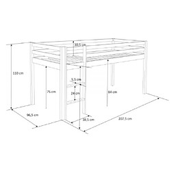 Homestyle4U Lit mezzanine 90 x 200 cm gris pour enfants avec echelle et rideaux en tissu