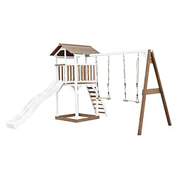 AXI Beach Tower Aire de Jeux avec Toboggan en BLANC, 2 Balançoires & Bac à Sable | Grande Maison enfant extérieur en marron & BLANC | Cabane de Jeu en Bois FSC