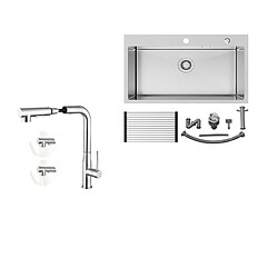 Auralum MAX Évier Cuisine 1 Cuve Inox Brossé75*45*19CM-Évier avec Égouttoir pliable+Mitigeur Cuisine avec Douchette Extractible Rotatif 360°