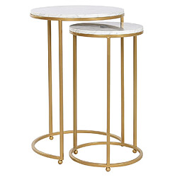 Pegane Set de 2 tables d'appoints rondes en marbre coloris blanc et métal doré