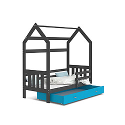 Kids Literie Lit Cabane 2 80x160 Gris - bleu Livré avec sommiers, tiroir et matelas en mousse de 7cm