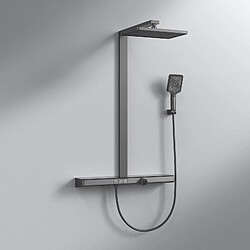 EMKE Colonne de Douche Theramostat 38°C verrouillage de sécurité douche de pluie avec mitigeur, bec cascade, douchette à main 3 jets, avec tablette extra large, homologué KTW, Anthracite mat