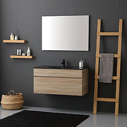 Kiamami Valentina MEUBLE DE SALLE DE BAIN SUSPENDU 100CM EN CHÊNE WELL AVEC LAVABO EN NOIR MAT | SOLE