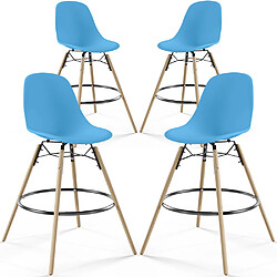 ICONIK INTERIOR Lot de 4 Tabourets de Bar - Design Scandinave - Pieds en Bois - Skögur Bleu